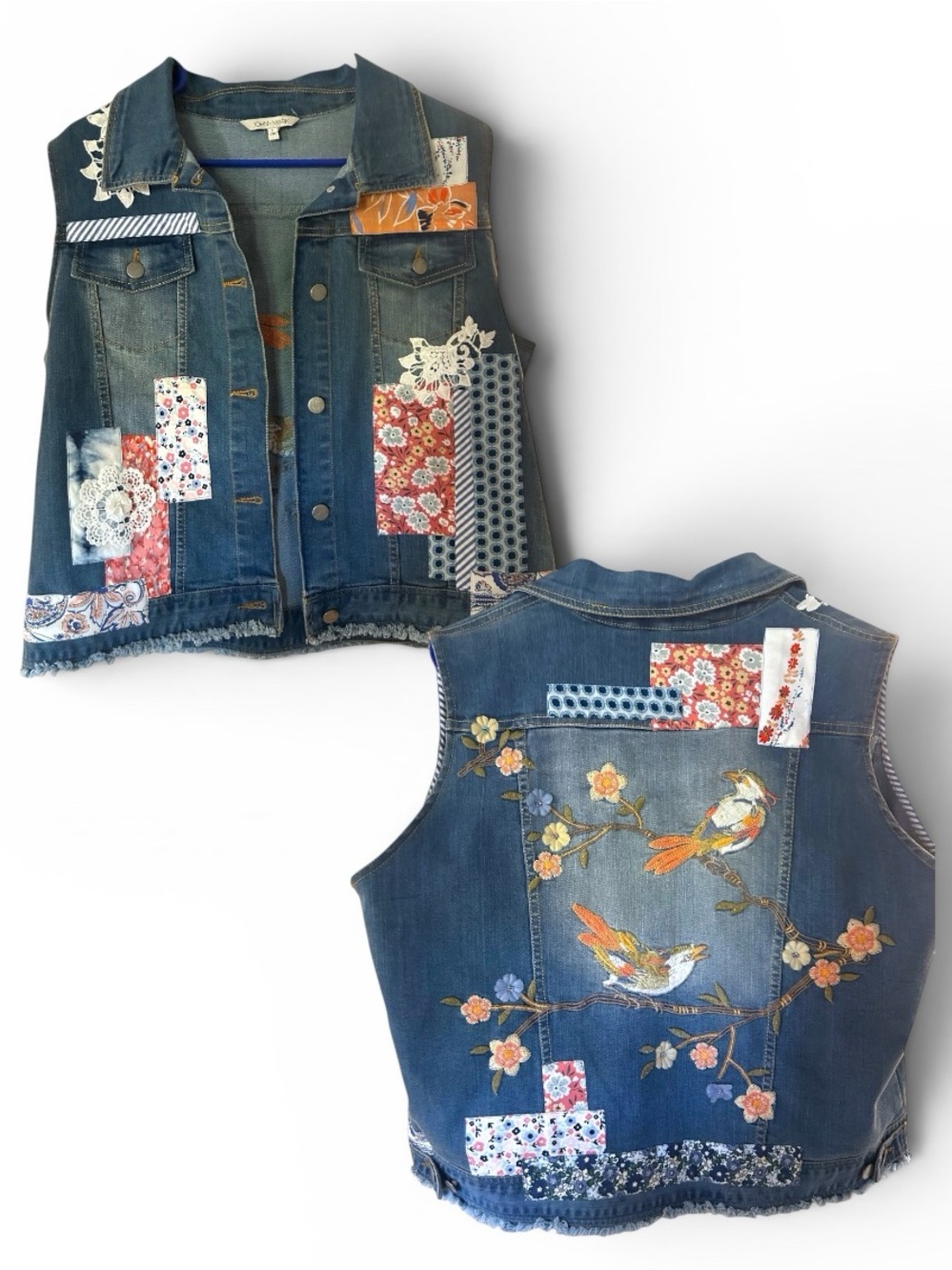 John Mark Embroidered Multicolored Floral Patch Denim Vest (New without Tags)